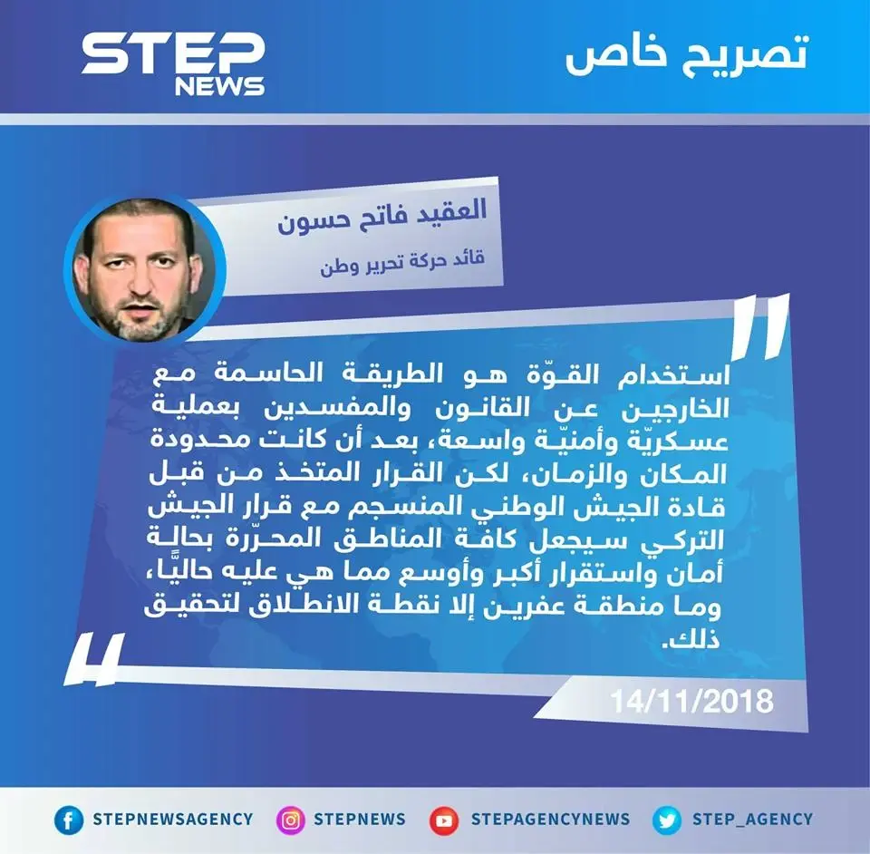 تصريح خاص للعقيد فاتح حسون قائد حركة تحرير وطن لوكالة ستيب || حول الحملة الأمنيّة التي تقودها تركيا بمدينة عفرين شمال حلب: تصاريح